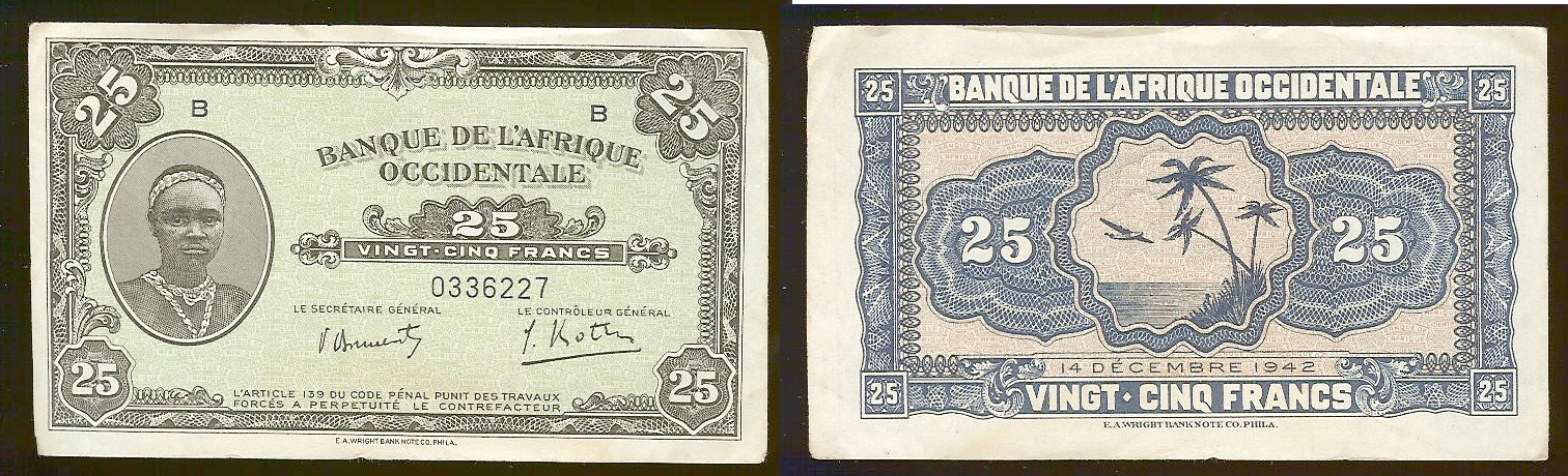 25 Francs AFRIQUE OCCIDENTALE FRANÇAISE (1895-1958) 1942 TTB+
